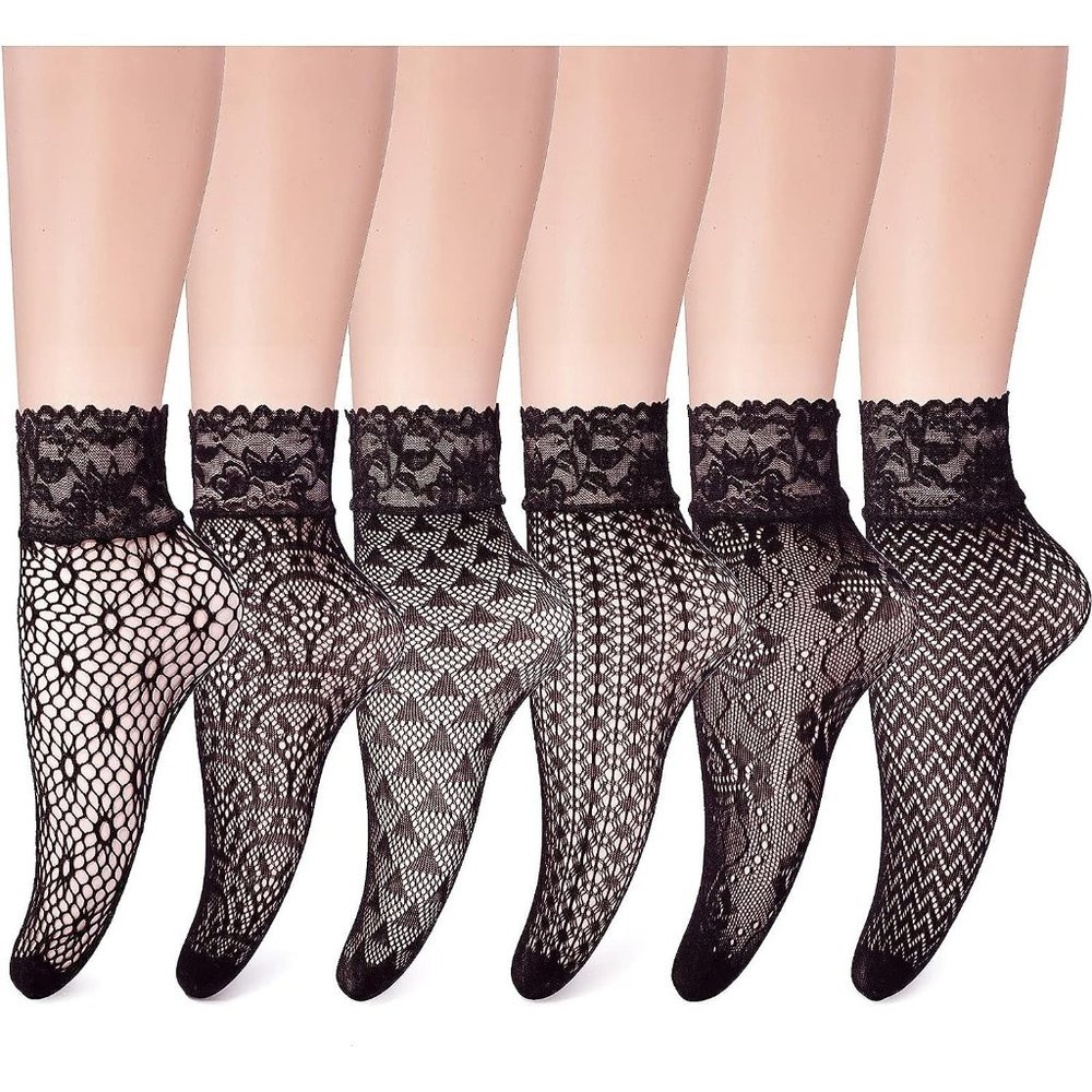 6 Pairs Women Black Lace Fishnet Anklet Dress Socks